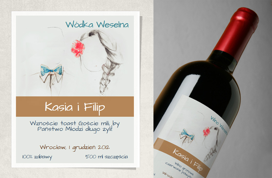 Etykieta weselna Kasi i Filipa. Projekt bottlabel.com